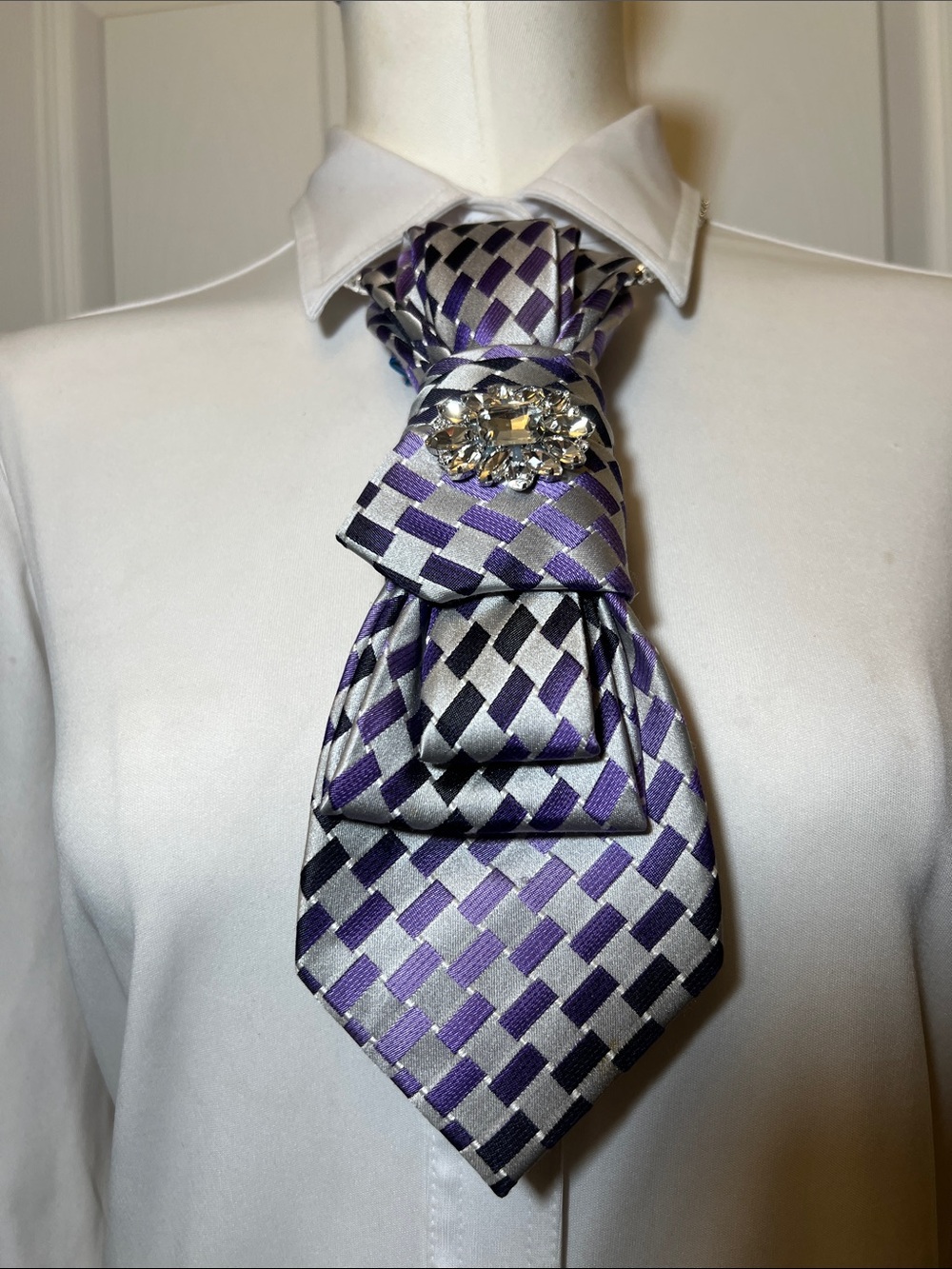 Purple and Silver Patterned Cravat Tie Necklace with Crystal Pin